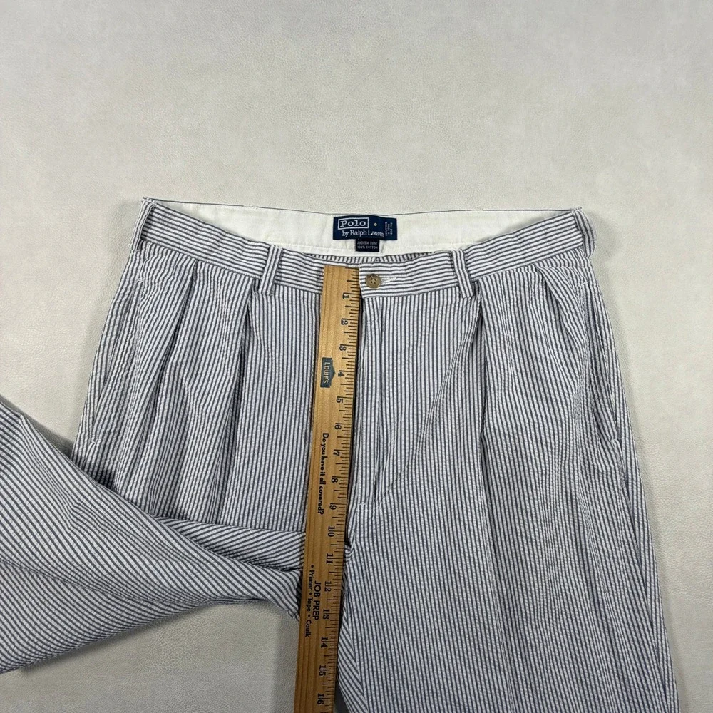 Polo Ralph Lauren Andrew Pant Mens 35x32 Blue White Seersucker Pleated Trousers